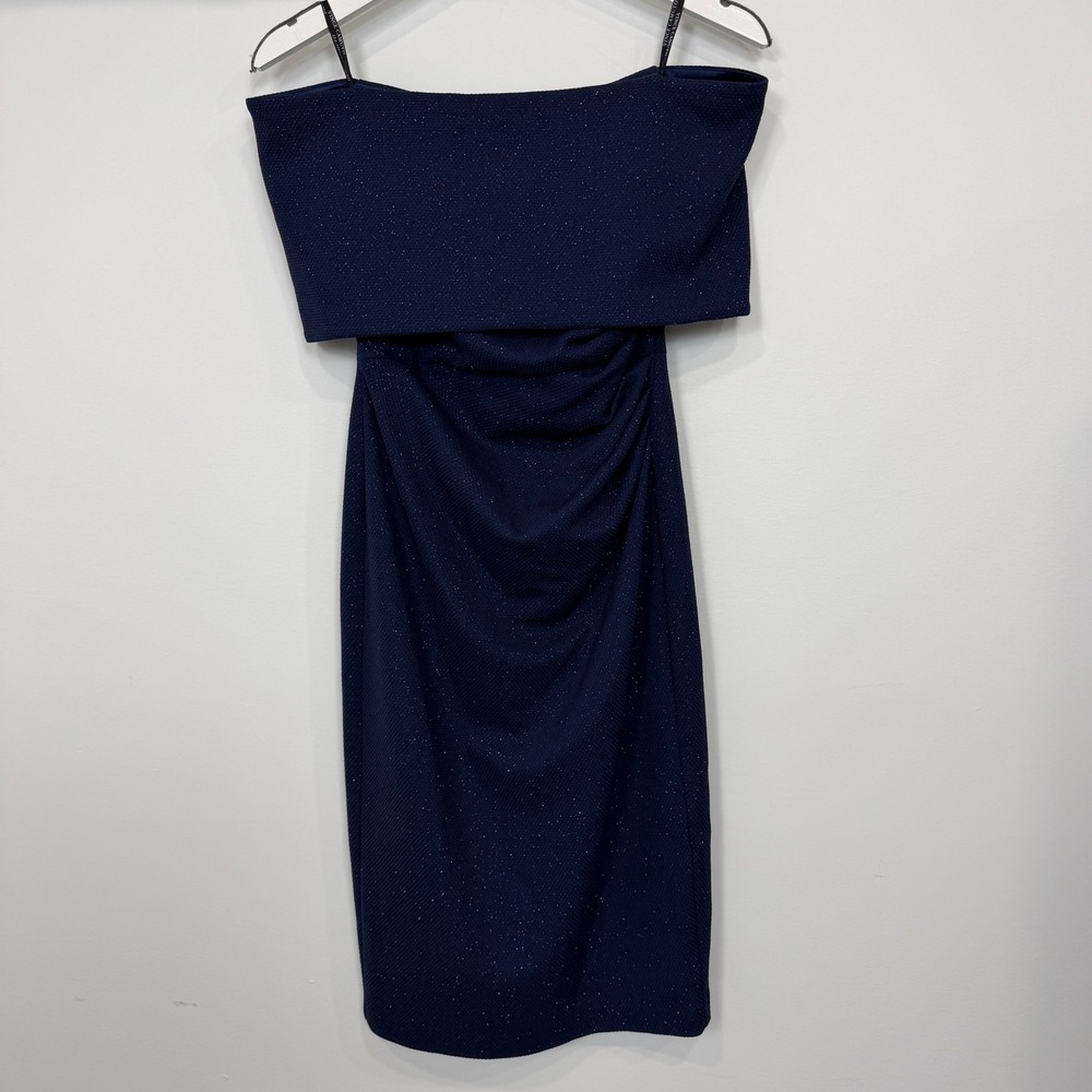 Vince Camuto Navy Blue Glitter Popover Strapless Ruched Sheath Dress 4